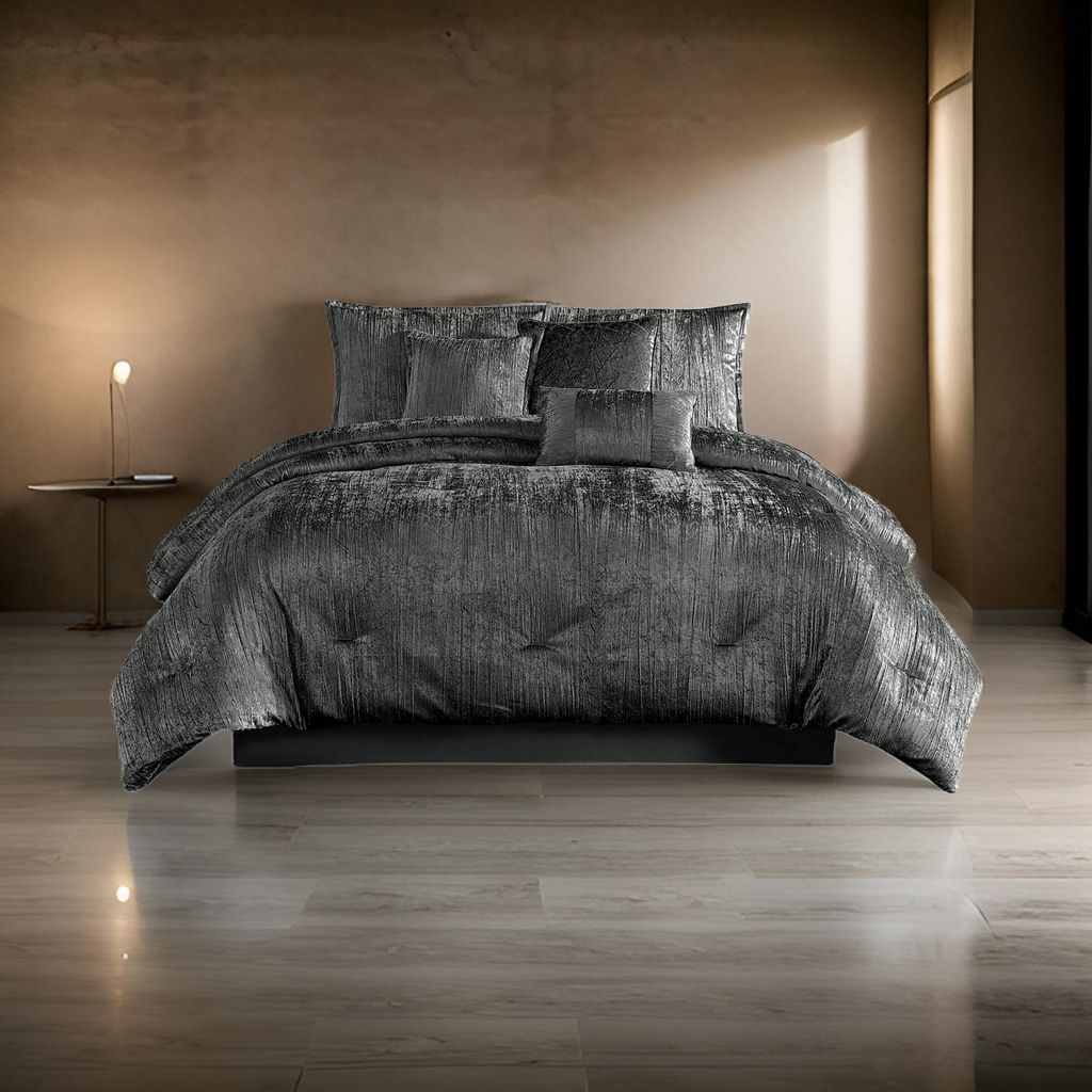 Jay 7 Piece Queen Comforter Set, Polyester Velvet Deluxe Texture, Gray - View 7