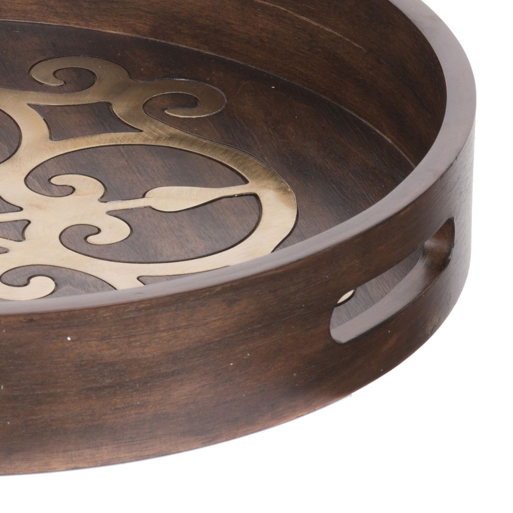 18 Inch Round Decorative Tray, Brass Inlaid Design and Brown Wood Frame - View 4