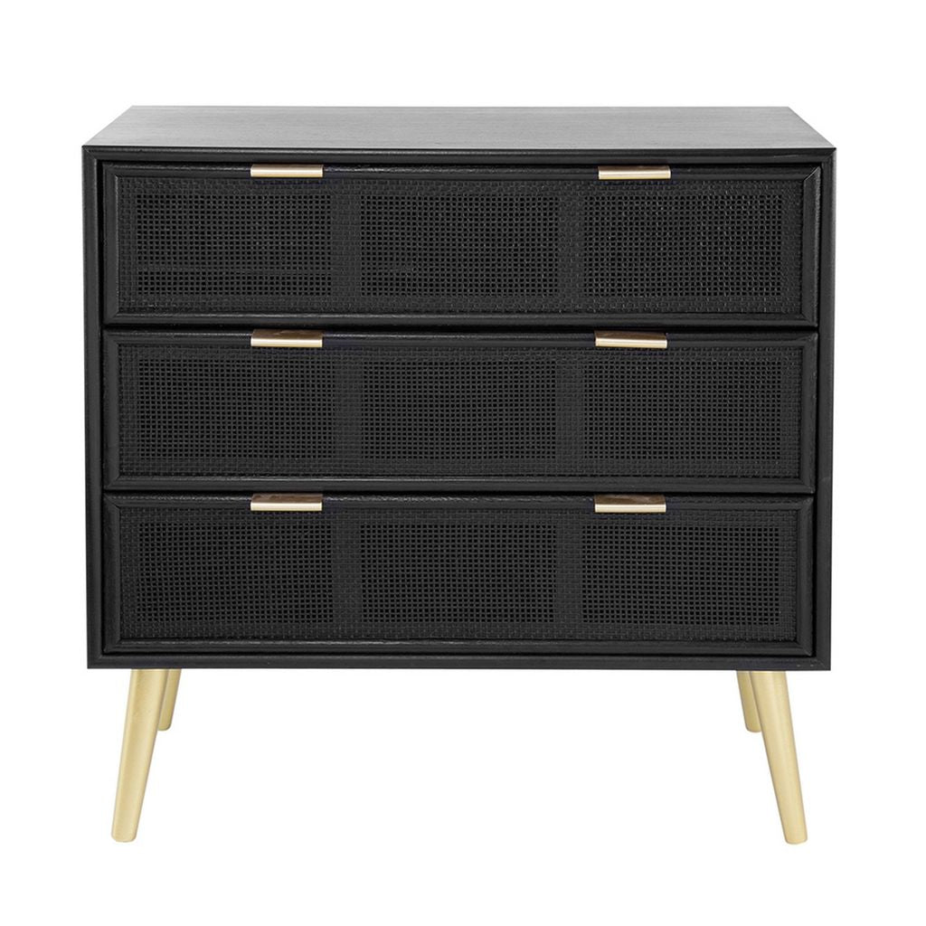31 Inch Dresser Chest Cabinet, 3 Drawers, Woven Rattan, Modern, Black, Gold - View 2