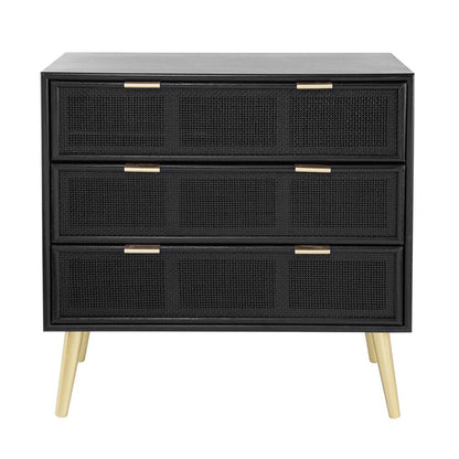 31 Inch Dresser Chest Cabinet, 3 Drawers, Woven Rattan, Modern, Black, Gold - View 2