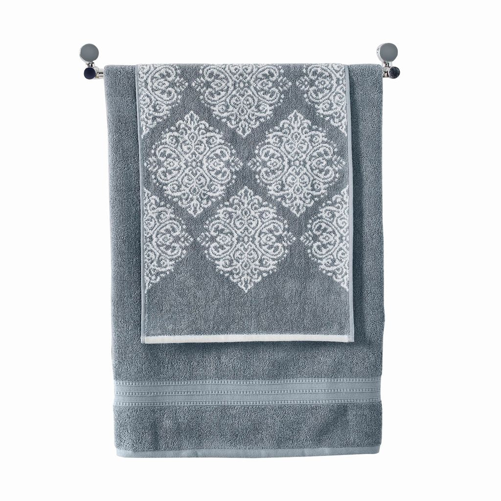 Eula Modern 6 Piece Cotton Towel Set, Stylish Damask Pattern, Slate Blue - View 3