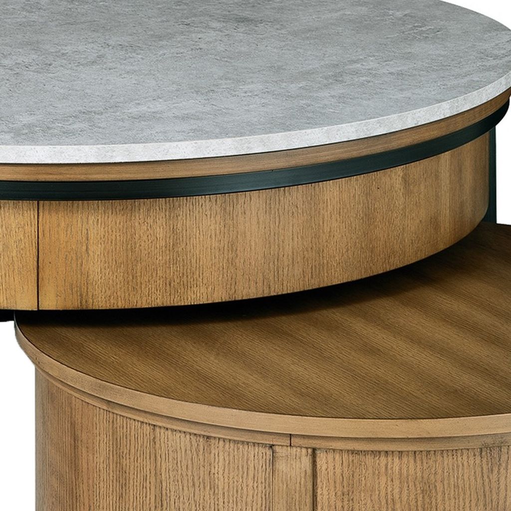 36 Inch 2 Piece Round Nesting Coffee Table, Lift Top Storage, Wheels, Brown - View 3