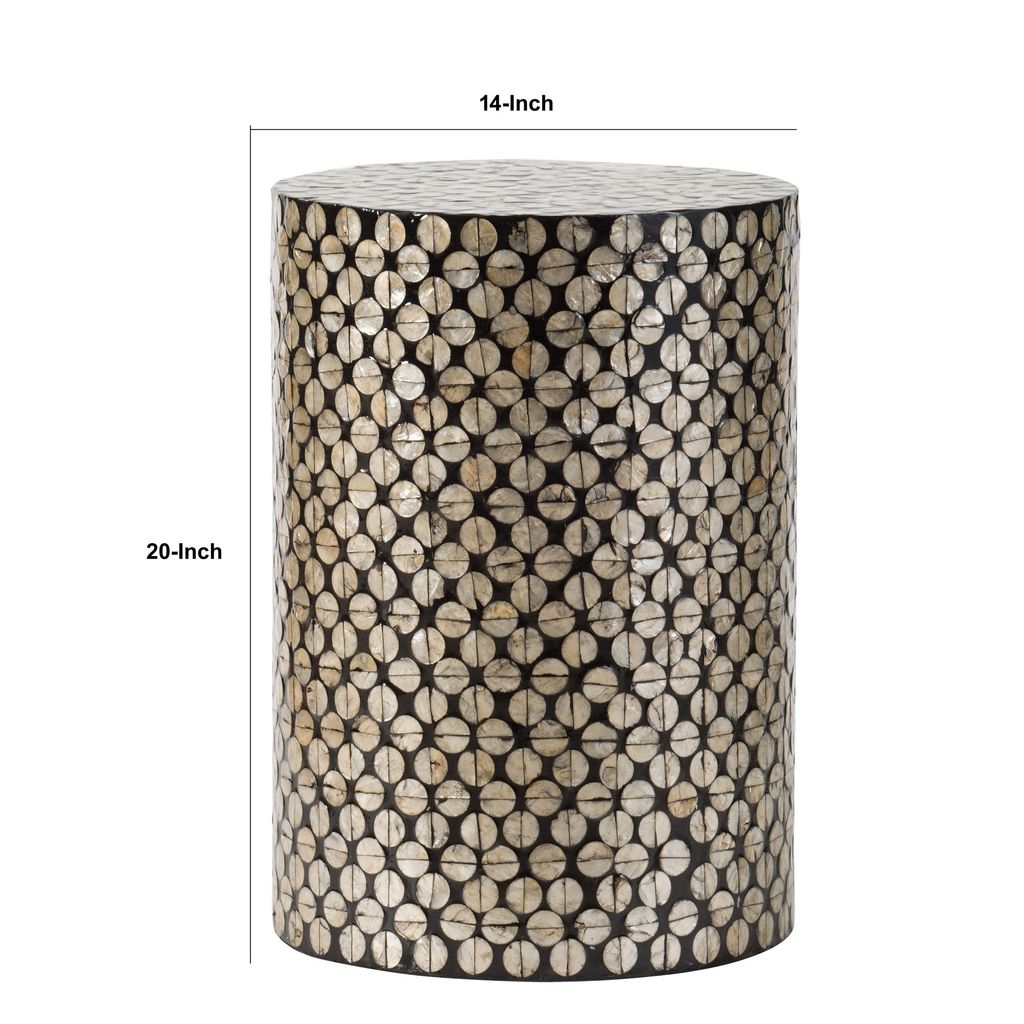 20 Inch Stool Table, Round Wood Design, Modern, Capiz Inlay, Black, White - View 5