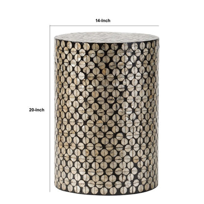 20 Inch Stool Table, Round Wood Design, Modern, Capiz Inlay, Black, White - View 5