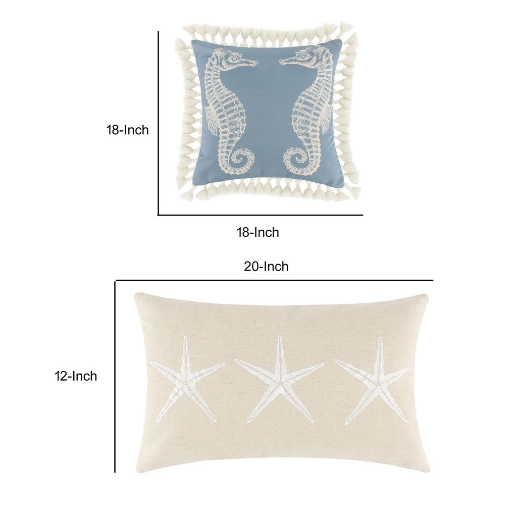 Set of 2 Decorative Throw Pillows, Seahorse and Starfish Polyester, Tassels - View 5