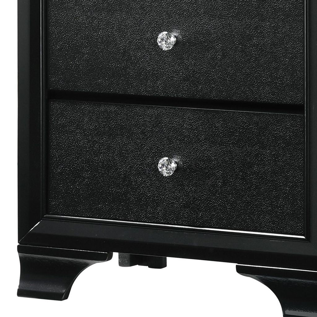 2 Drawer Wooden Nightstand with Textured Details and Crystal Pulls, Black - View 4