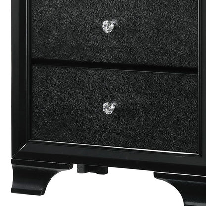 2 Drawer Wooden Nightstand with Textured Details and Crystal Pulls, Black - View 4