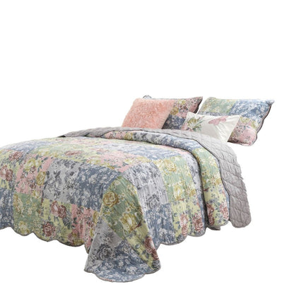 Eni 3 Piece Queen Cotton Quilt Set, Vibrant Pastel Blue Flowers, Scalloped - View 3