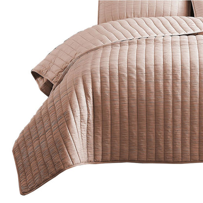 3 Piece Crinkles Queen Size Coverlet Set with Vertical Stitching, Pink - View 3