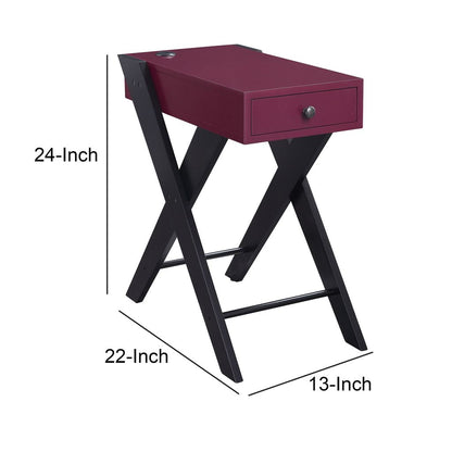 Wooden Frame Side Table with X Shaped Legs and 1 Drawer, Purple and Black - View 6