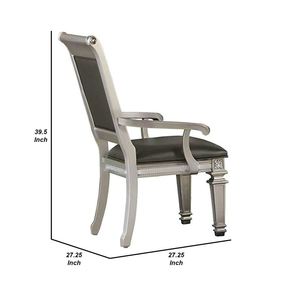 27 Inch Wood Dining Armchair, Faux Leather,Acrylic Crystals,Set of 2,Silver - View 6