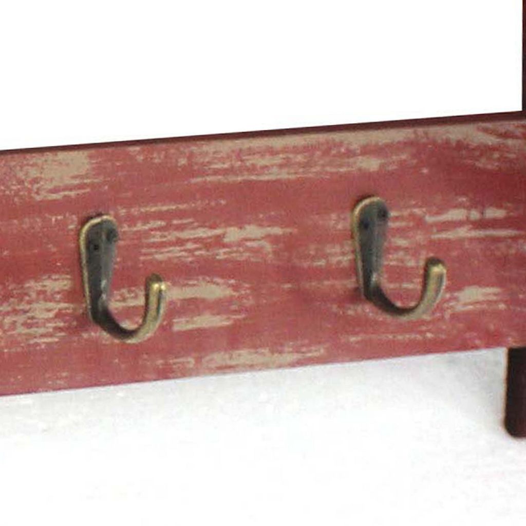 Wooden Wall Shelf Set of 2 with 4 Hooks and Carved Side Frames, Distressed Red - View 6
