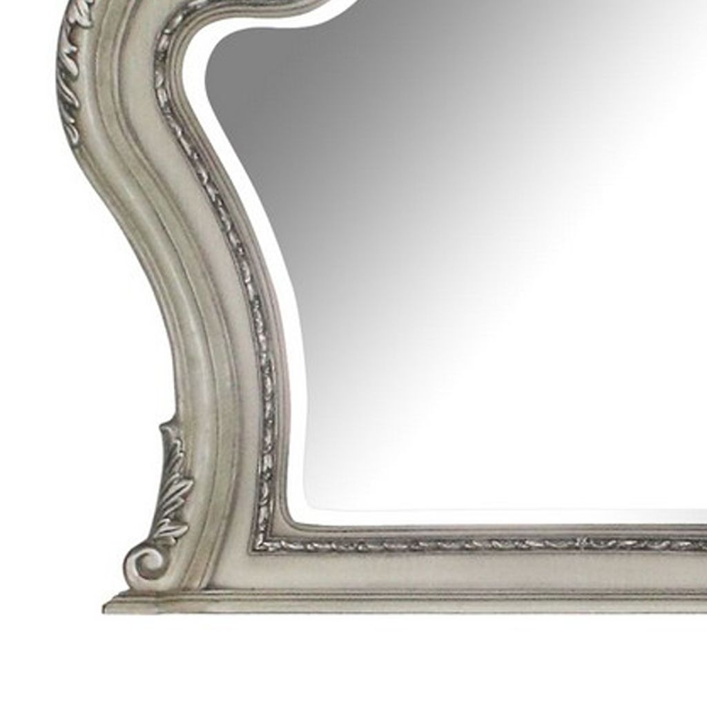 Arch Shape Wooden Frame Wall Mirror with Carved Details, Antique Silver - View 4
