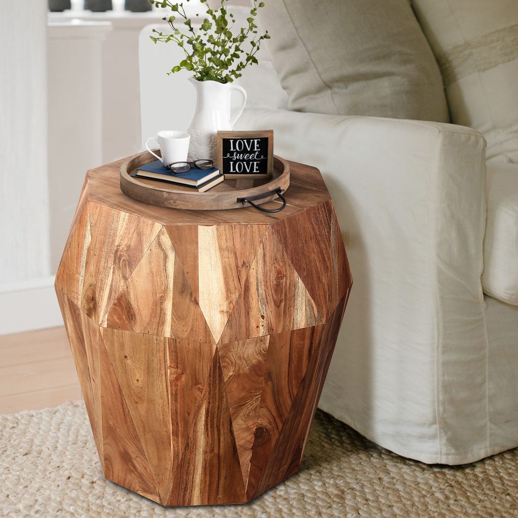 Bon 22 Inch Artisanal Side End Table, Multifaceted Solid Acacia Wood, Octagon Top, Natural Brown - View 7