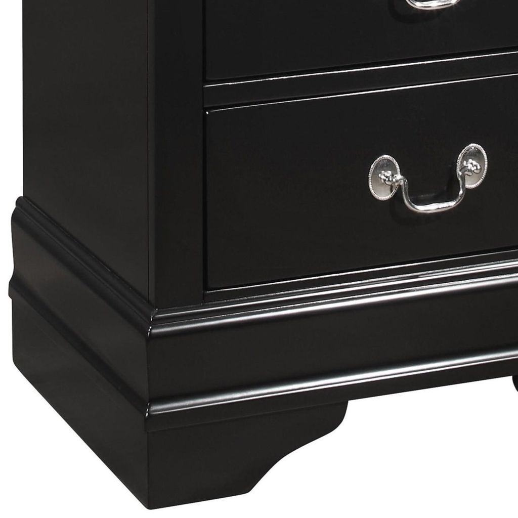 2 Drawer Wooden Frame Nightstand with Antique Metal Pulls, Black - View 3