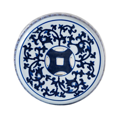 11 Inch Garden Stool, Ceramic Drum Shape, Blue, White Floral Pattern - View 6