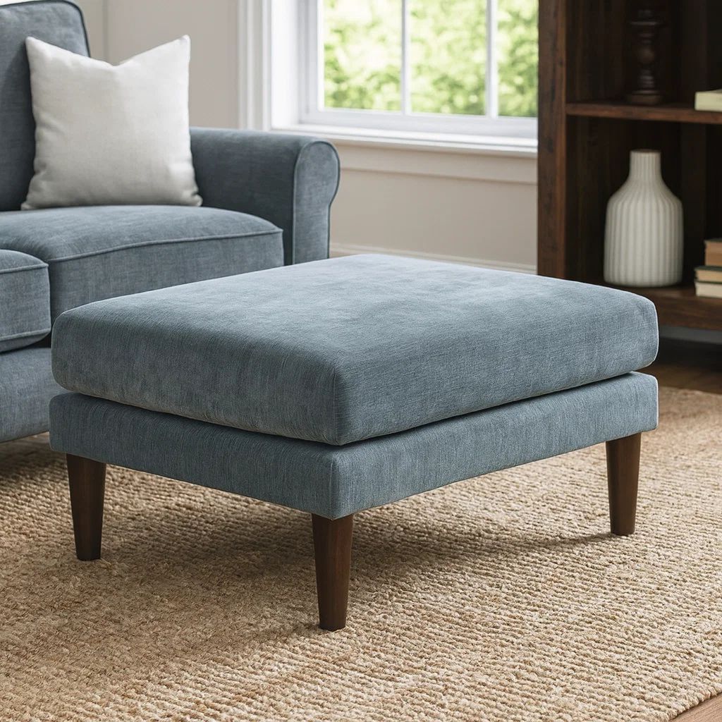 Rio 32 Inch Modular Ottoman, Box Cushion Seat, Wood Legs, Slate Blue Fabric - View 7