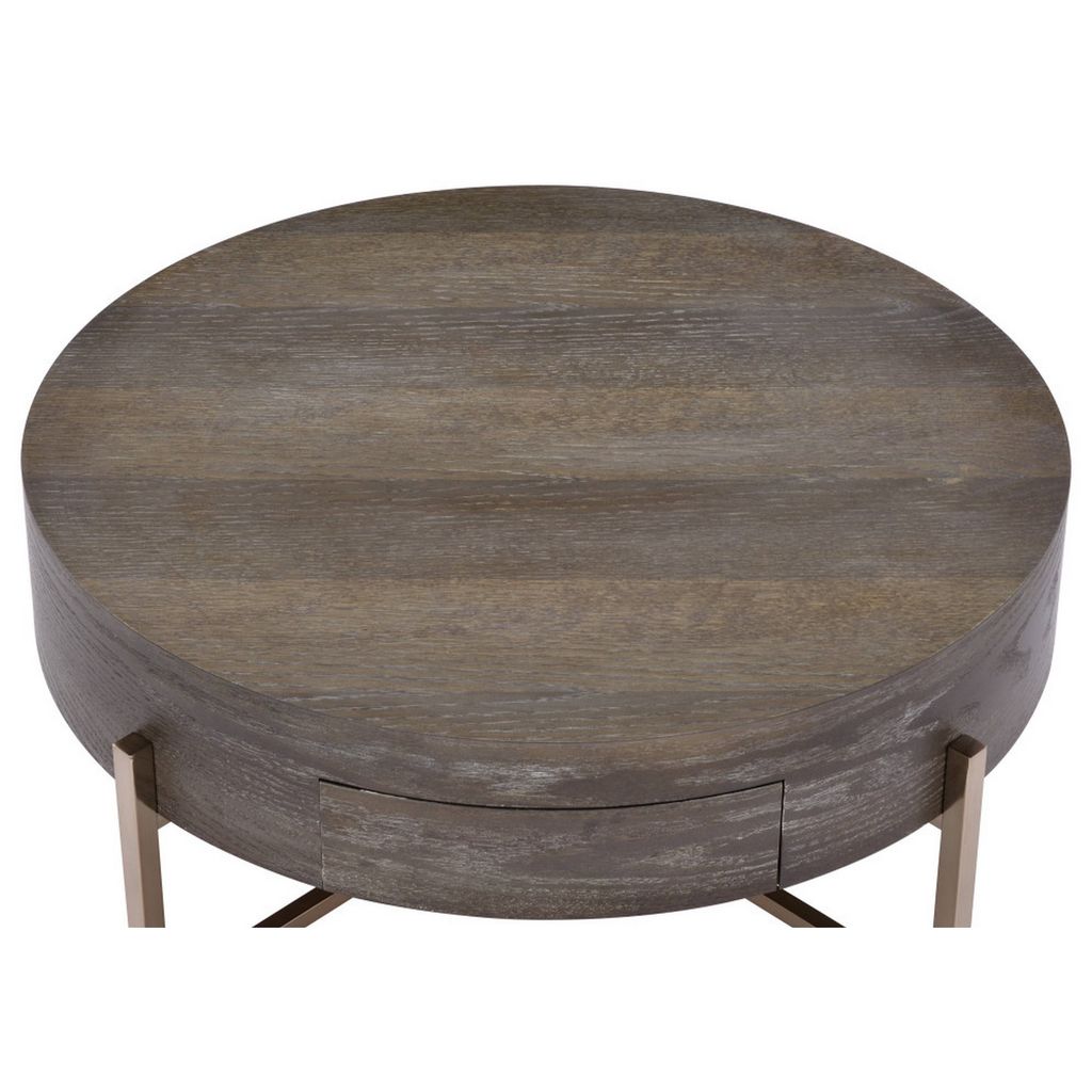 1 Drawer Round Modern Coffee Table with Crossed Metal Legs, Brown and Gold - View 4