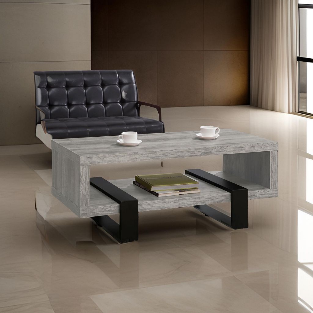 Modern Driftwood Open Shelf Coffee Table, Gray and Black - View 7