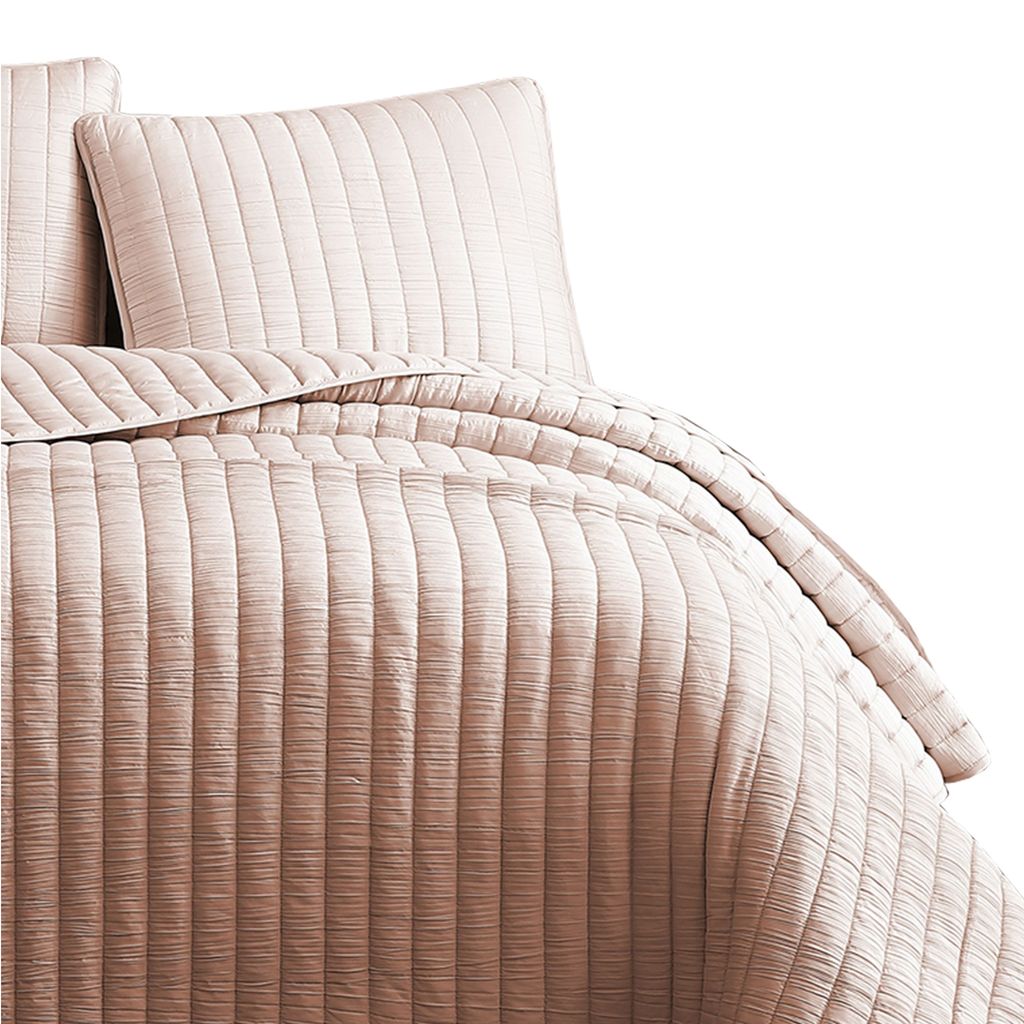 3 Piece Crinkles Queen Size Coverlet Set with Vertical Stitching, Pink - View 4