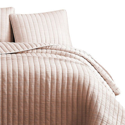 3 Piece Crinkles Queen Size Coverlet Set with Vertical Stitching, Pink - View 4