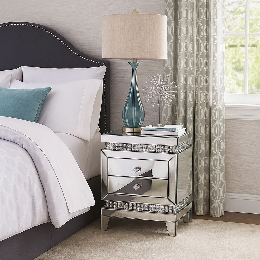 2 Drawer Mirror Inlay Accent Table with Faux Crystal Accents, Silver - View 3