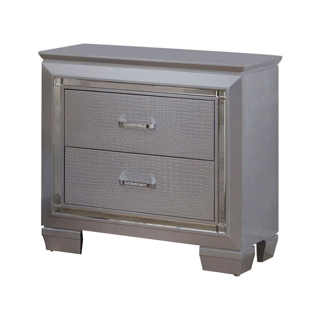 2 Drawer Wooden Nightstand with Embossed Textured Details, Gray - View 3
