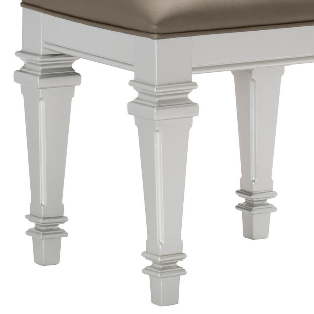 Leatherette Padded Vanity Stool with Tapered Legs and Molded Detail, Silver - View 4