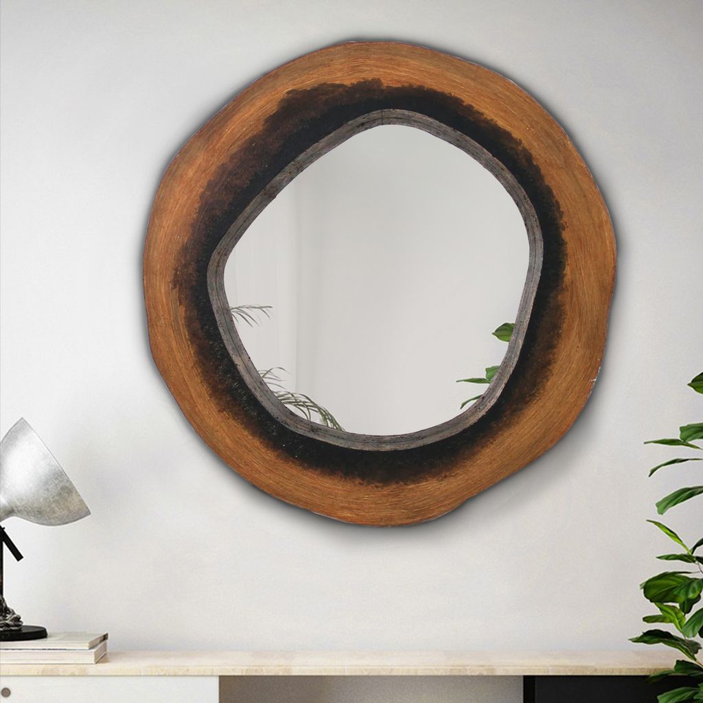 Wooden Wall Mirror Set of 2 with Grotto Circular Shape, Brown - View 6