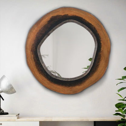 Wooden Wall Mirror Set of 2 with Grotto Circular Shape, Brown - View 6
