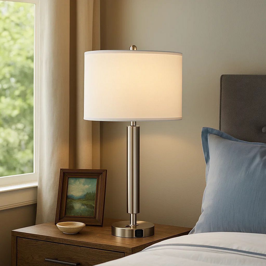 Metal Table Lamp with Fabric Drum Shade, White and Silver - View 7