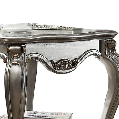 Side End Table, Scalloping, Polyresin Carvings and Bottom Shelf, Silver - View 4