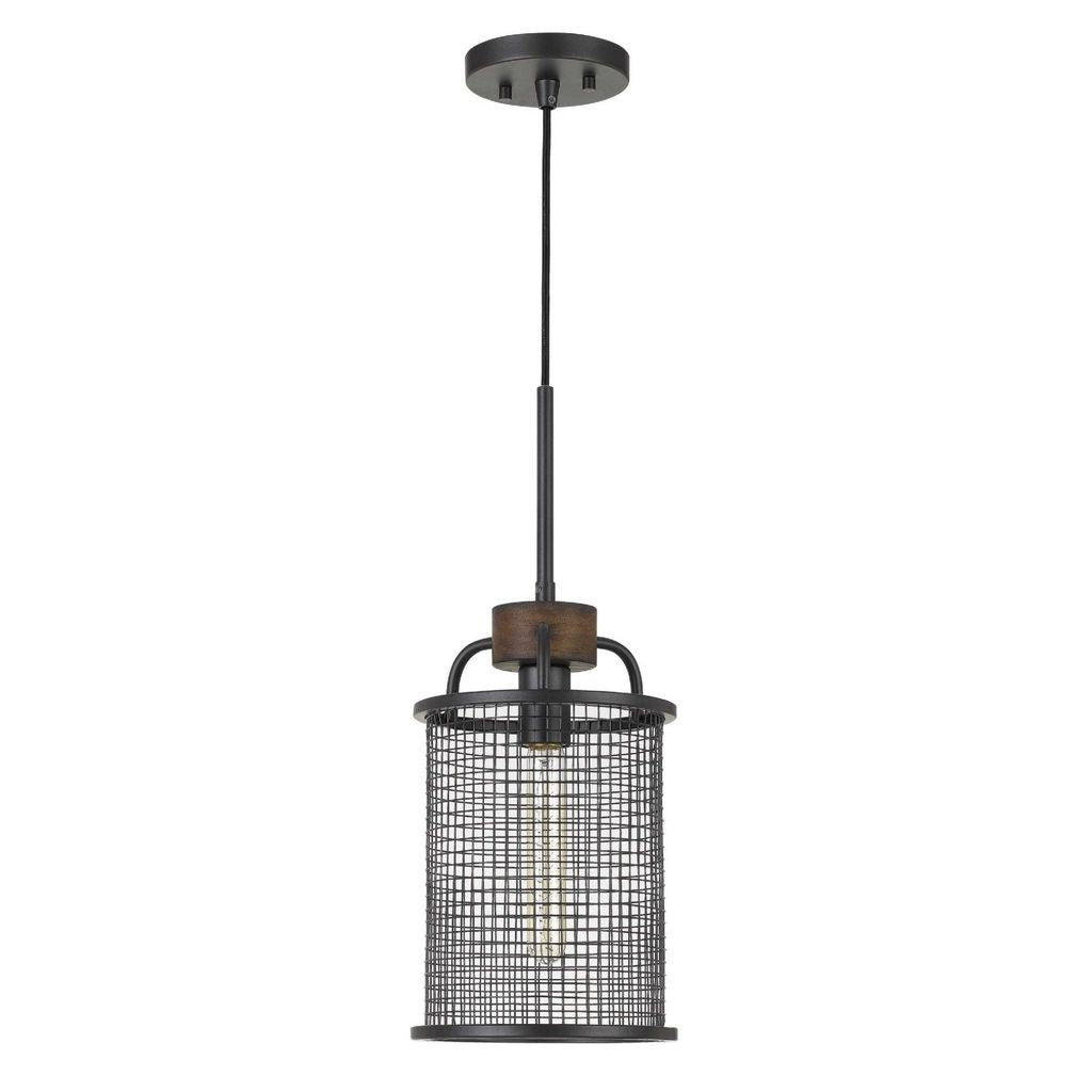 Cylindrical Grid Design Metal Chandelier with Wooden Accent, Black - View 3