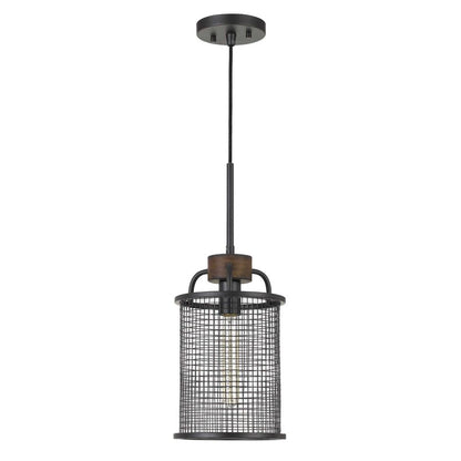 Cylindrical Grid Design Metal Chandelier with Wooden Accent, Black - View 3