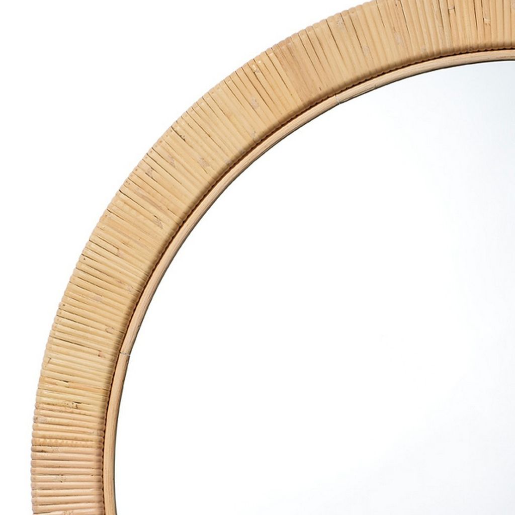 36 Inch Coastal Style Round Mirror, Hand Woven Rattan Frame, Glass, Brown - View 2
