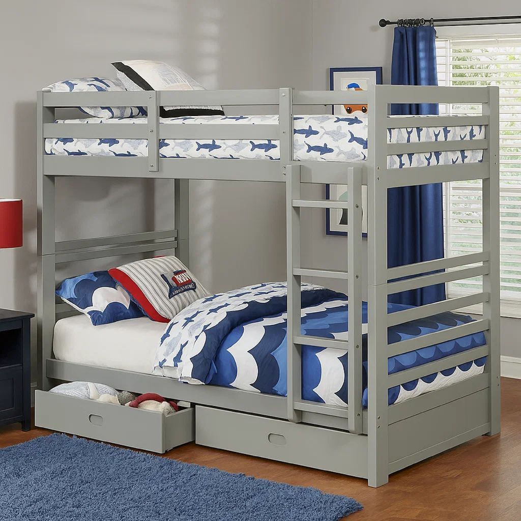 Transitional Twin Over Twin Bed with Attached Ladder and Drawers, Gray - View 7