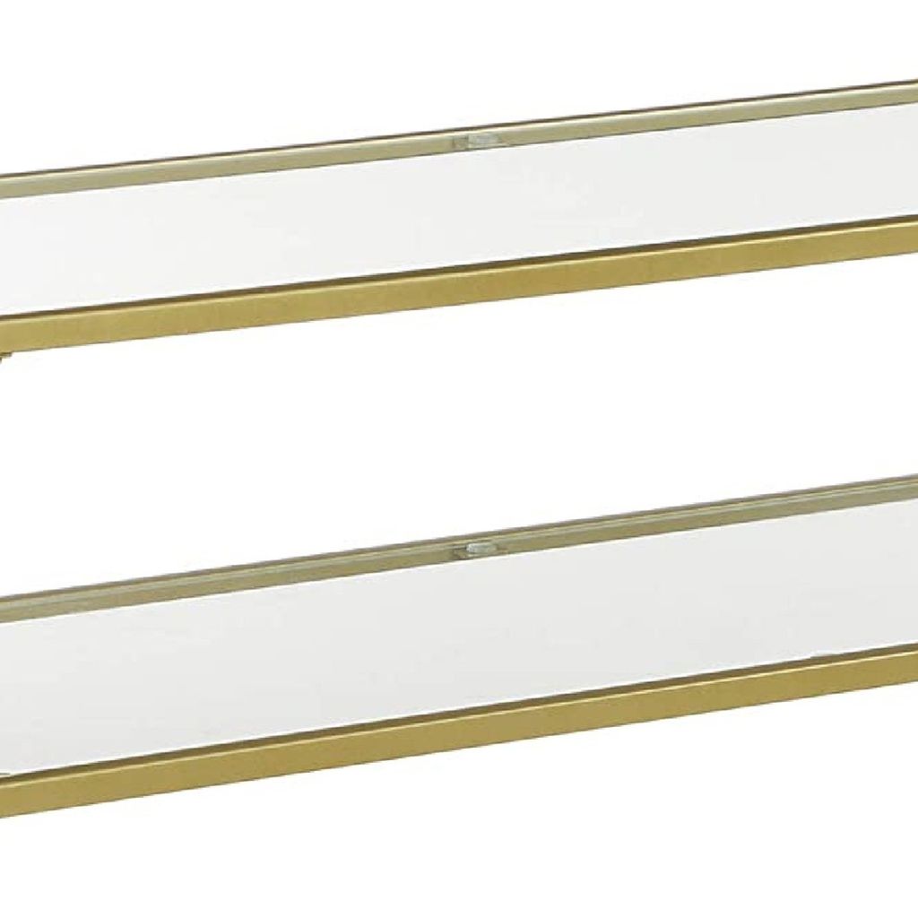 Kin 39 Inch Sofa Console Table, Metal Frame, Tempered Glass Shelves, Gold - View 5