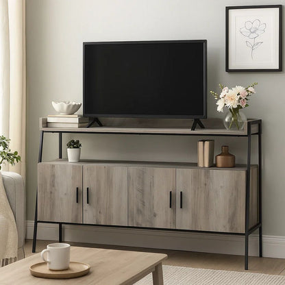 TV Stand with 2 Double Door Cabinet and Tubular Frame, Oak Gray - View 7