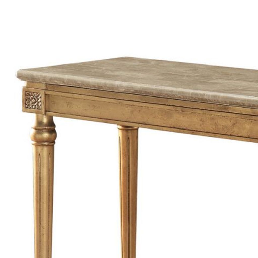 Marble Top Sofa Table With Fluted Detail Wooden Turned Legs, Gold - View 4