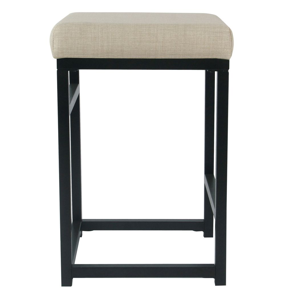 Open Back Metal Counter Stool with Fabric Upholstered Padded Seat, Beige and Black - View 3