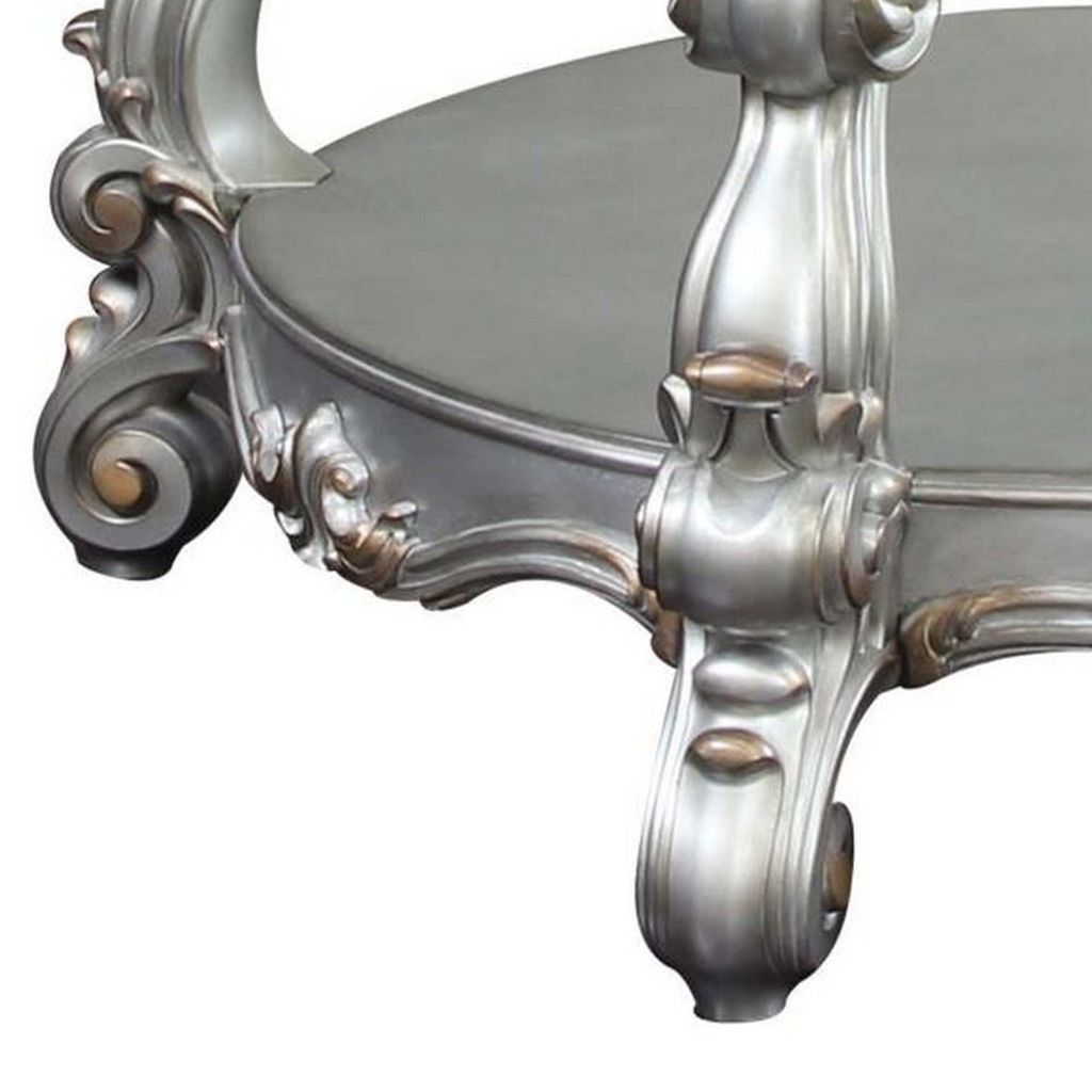 Curved Glass Top Coffee Table with Open Shelf, Silver - View 4