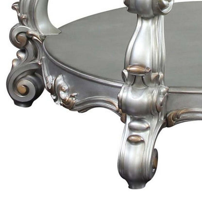 Curved Glass Top Coffee Table with Open Shelf, Silver - View 4