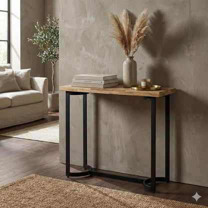 36 Inch Industrial Console Sofa Table, Plank Wood Top, Matte Black Frame - View 7
