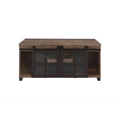 Coffee Table with 2 Barn Sliding Glass Doors and Pull Out Tray, Brown - View 3