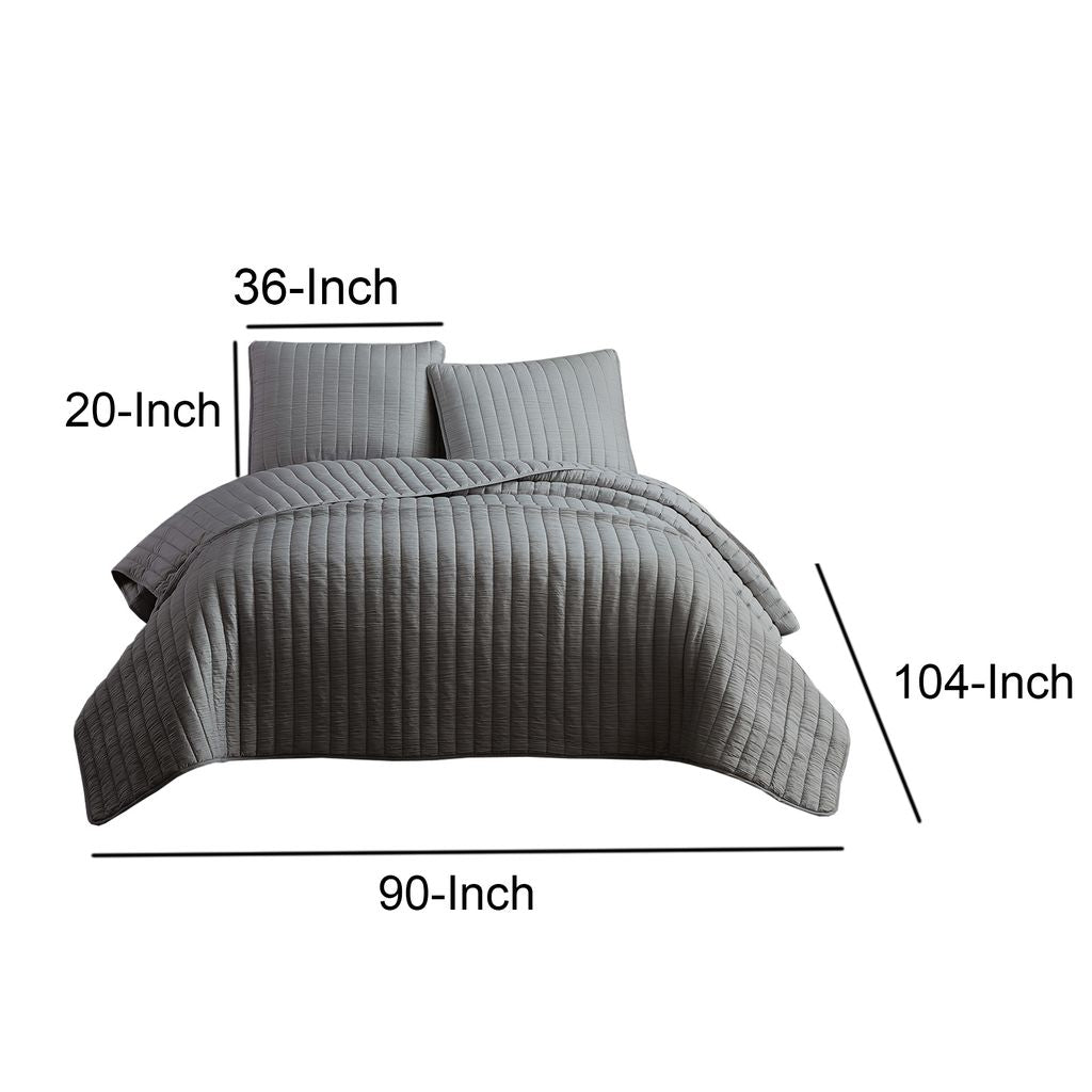 3 Piece Crinkles King Size Coverlet Set with Vertical Stitching, Gray - View 6