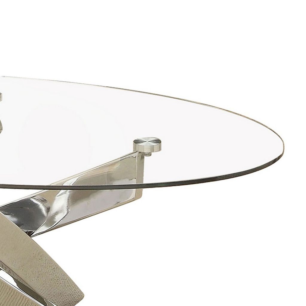 Oval Shape Glass Top Coffee Table with Criss Cross Base, Silver and Clear - View 4