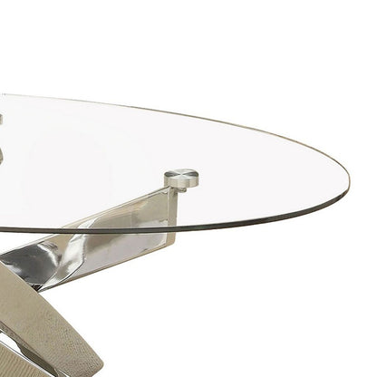 Oval Shape Glass Top Coffee Table with Criss Cross Base, Silver and Clear - View 4