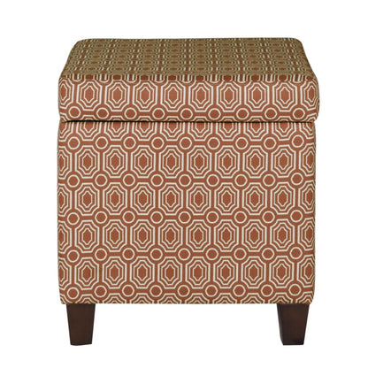 Geometric Patterned Square Wooden Ottoman with Lift Off Lid Storage, Orange and Cream - View 3