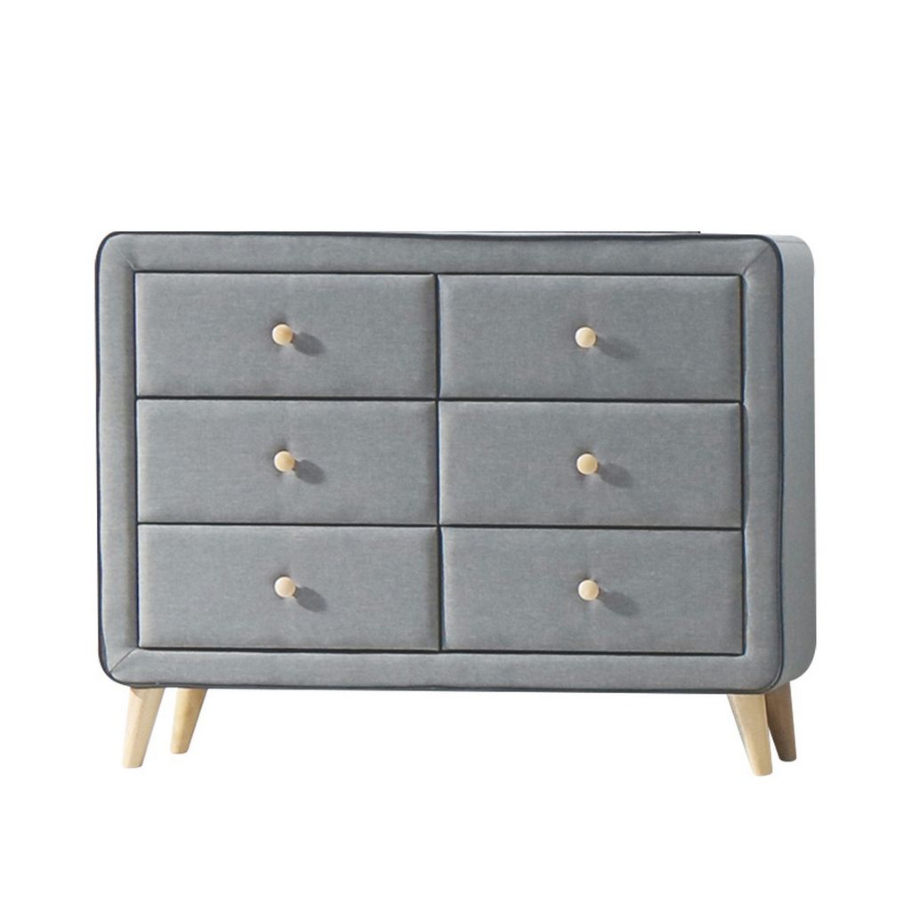 Transitional Style Wood and Fabric Upholstery Dresser with 6 Drawers, Gray - View 7
