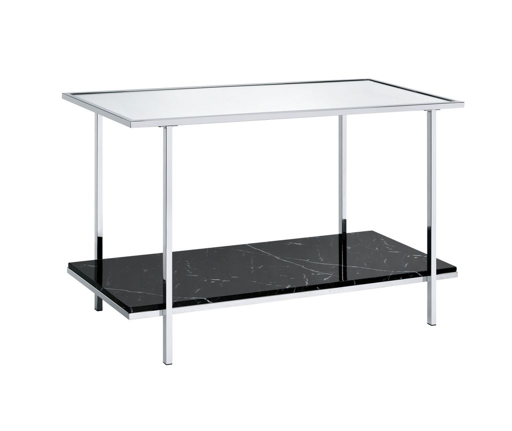 Console Table with Mirror Top and Faux Marble Open Bottom Shelf, Silver